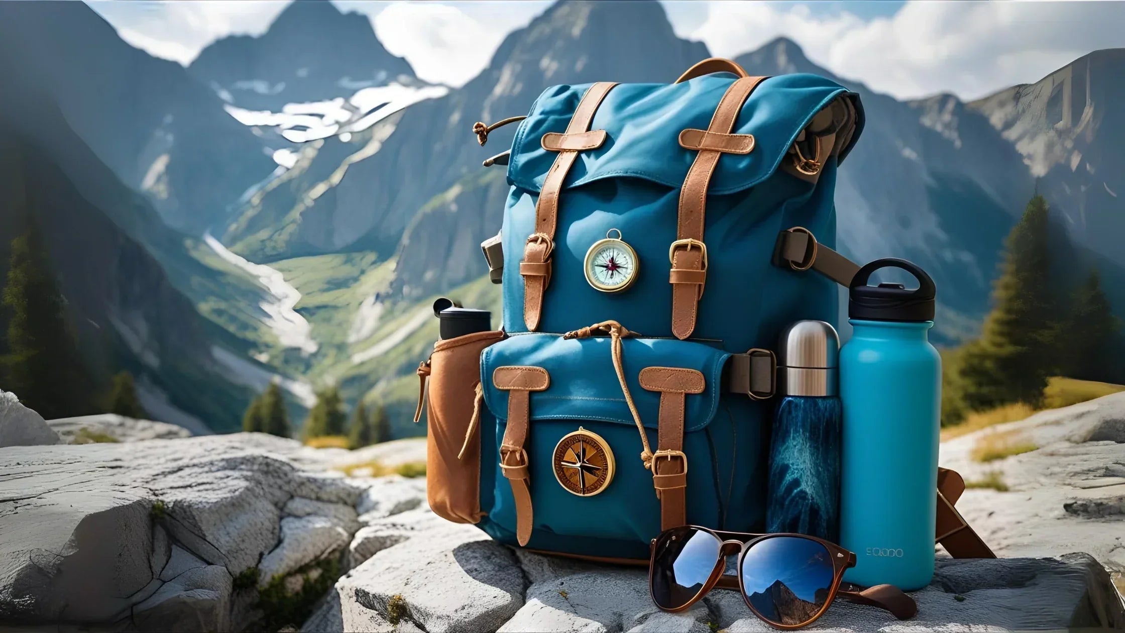 A backpack sitting on a rock next to sunglasses and a waterbottle with mountains in the background