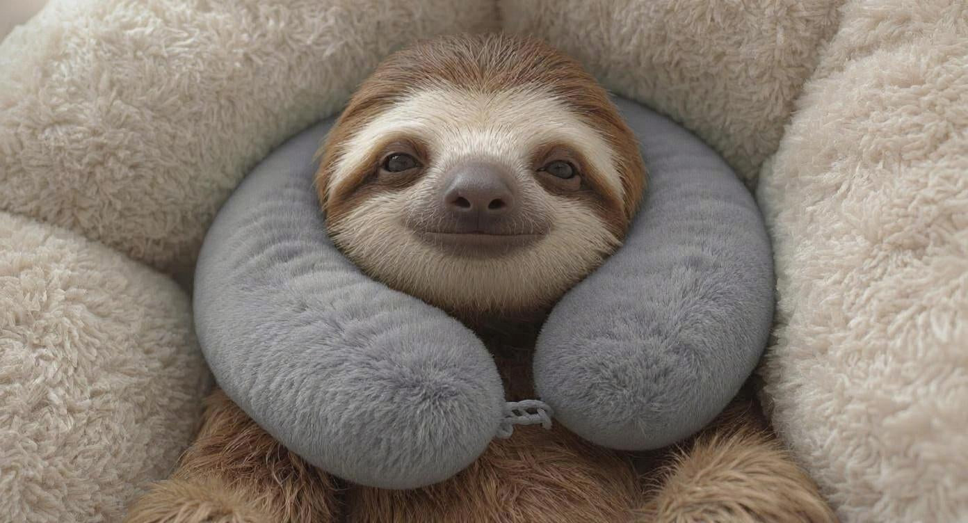 A sloth lying on a cuddly blanket wearing a grey neck pillow