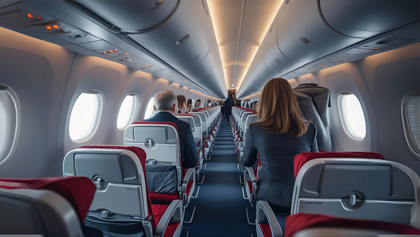 Two travellers on a plane photographed from behind