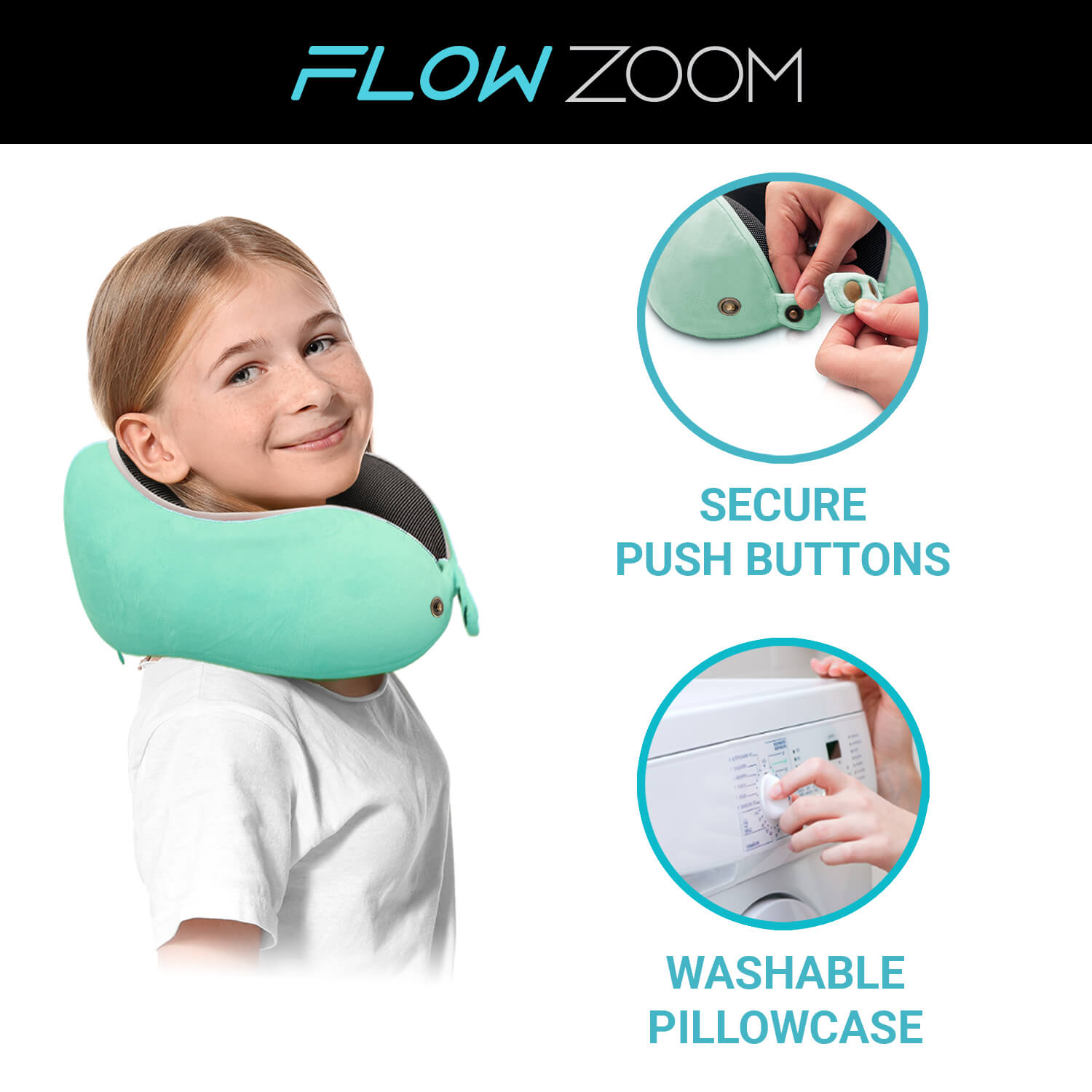 COMFY memory foam kids pillow with secure buttons and washable pillowcase